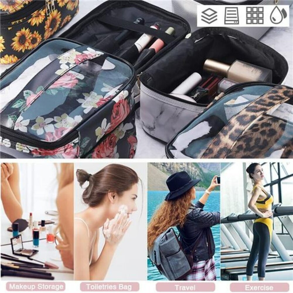 Leopard Makeup Bag Double Layer Travel Toiletry Organizer Cosmetic Case Women - Picture 6 of 7